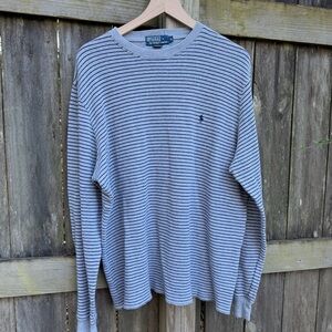 Vintage Polo Ralph Lauren Striped Thermal Crewneck Sweatshirt Grey Navy 90s XL